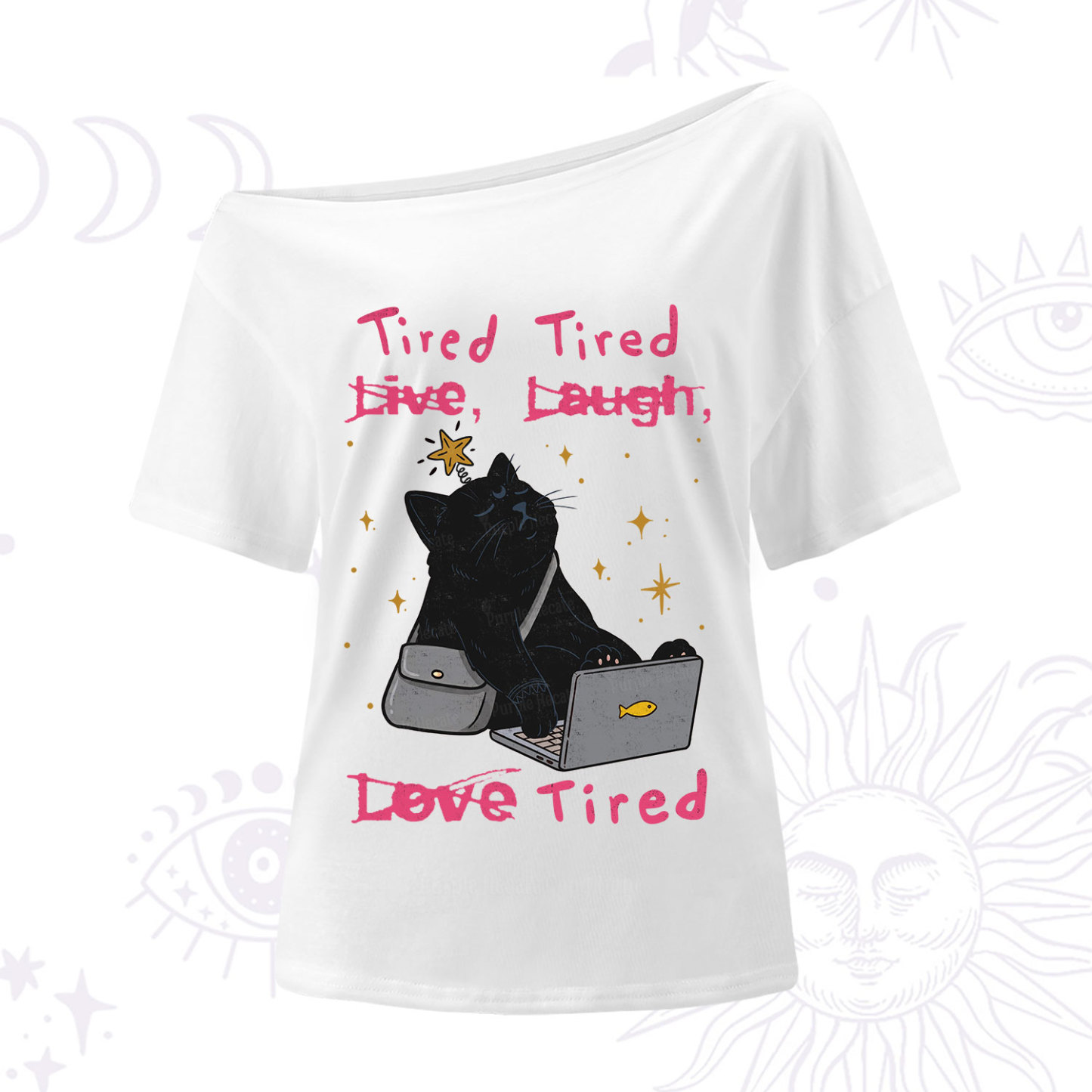 Purplehecate Tired Cat One Shoulder T-Shirt