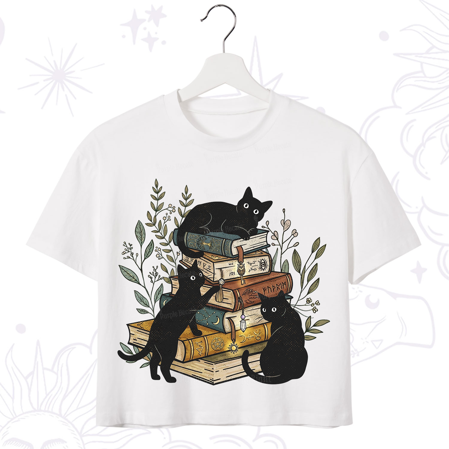 Purplehecate Enchanted Library Three Black Cats Crop T-Shirt