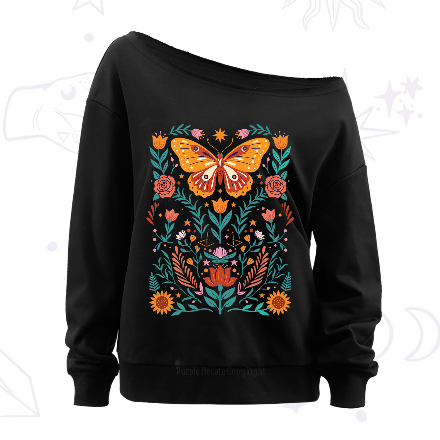 Purplehecate Boho Colorful Celestial Butterfly Off The Shoulder Sweatshirt