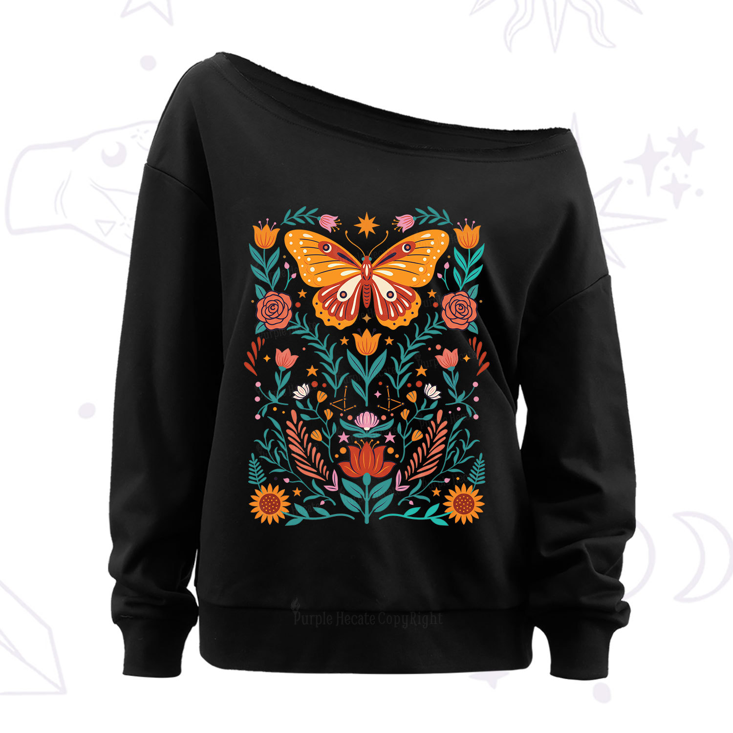 Purplehecate Boho Colorful Celestial Butterfly Off The Shoulder Sweatshirt