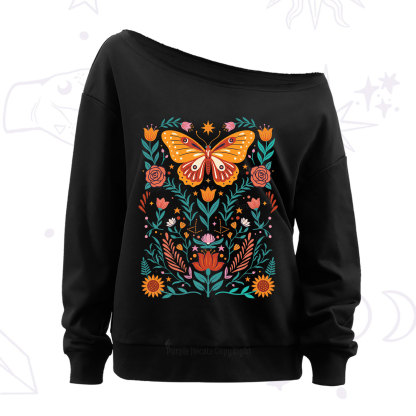 Purplehecate Boho Colorful Celestial Butterfly Off The Shoulder Sweatshirt