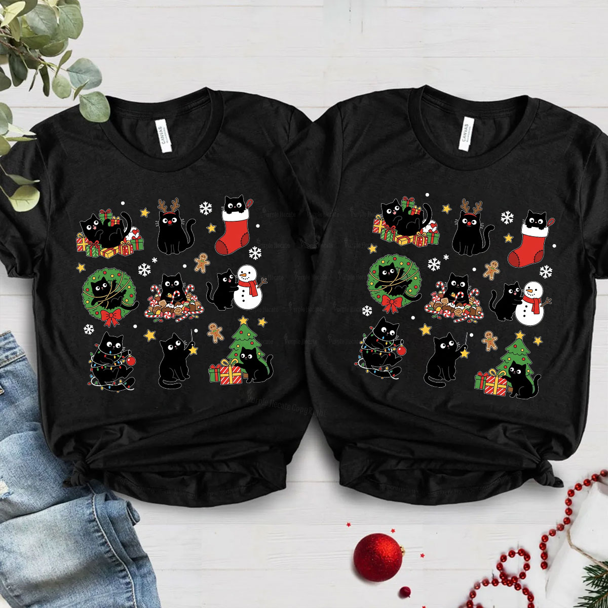Purplehecate Christmas Black Cat Christmas Couple T-Shirts
