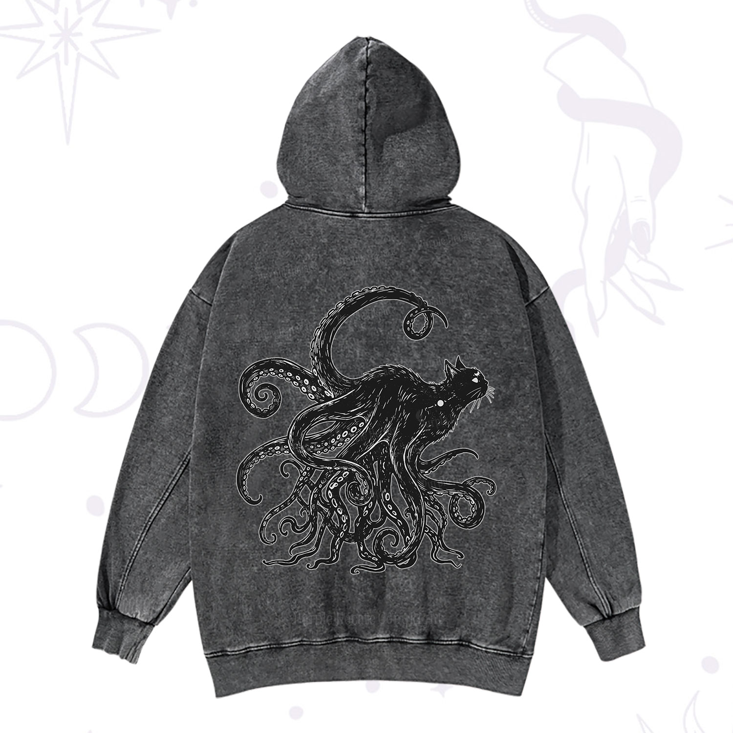 Purplehecate Black Cat with Octopus Tentacles Washed Hoodie