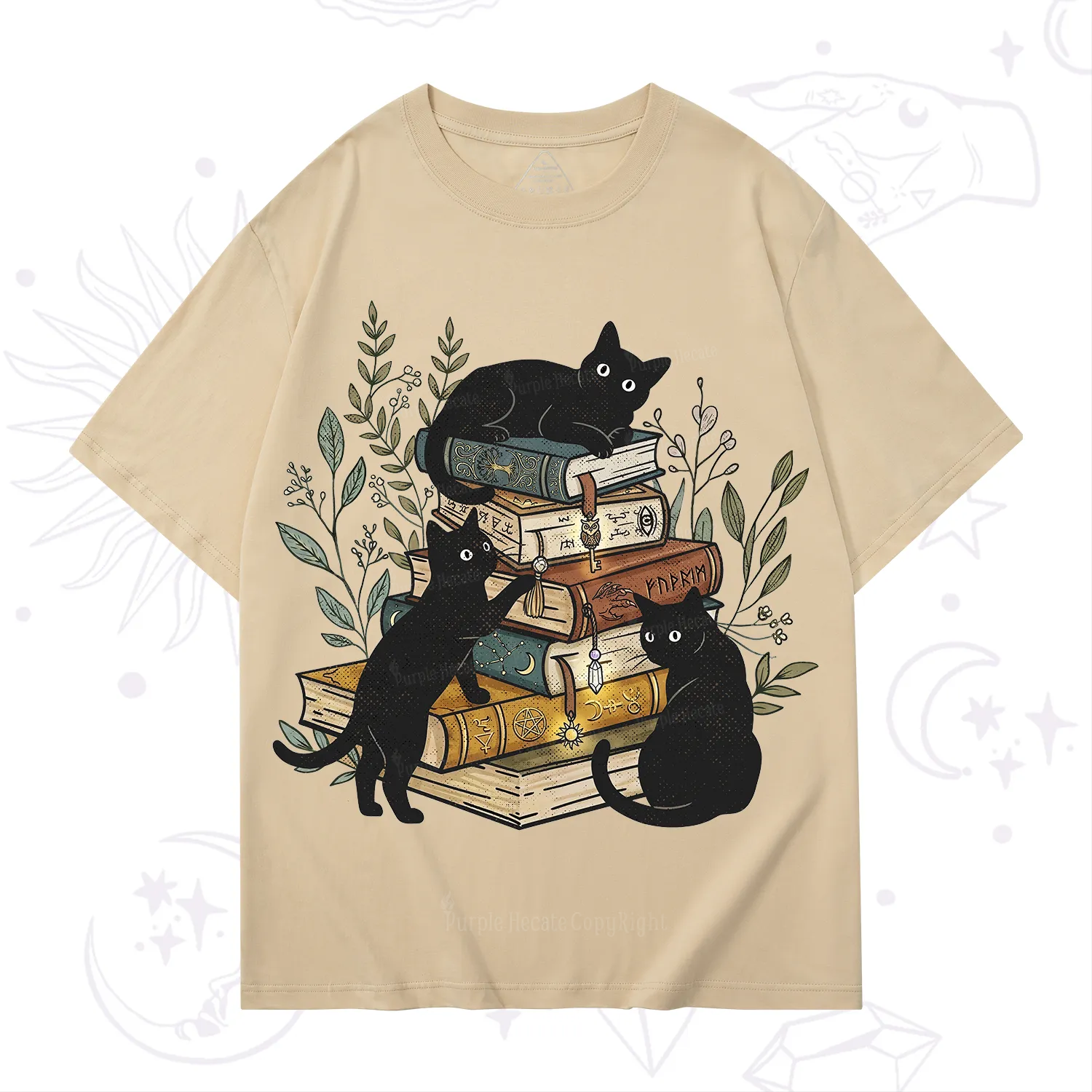 Purplehecate Enchanted Library Three Black Cats T-Shirt