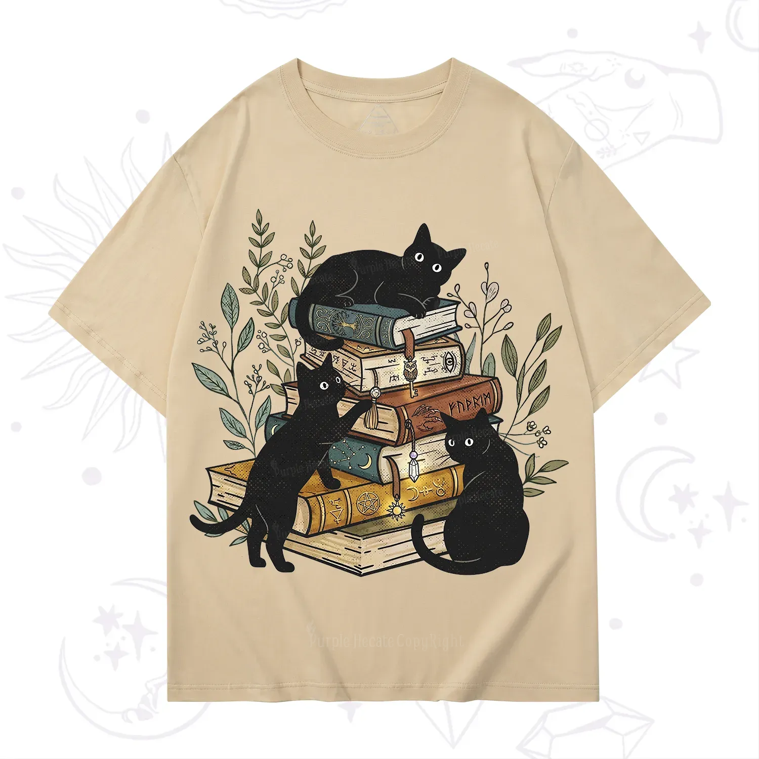 Purplehecate Enchanted Library Three Black Cats T-Shirt