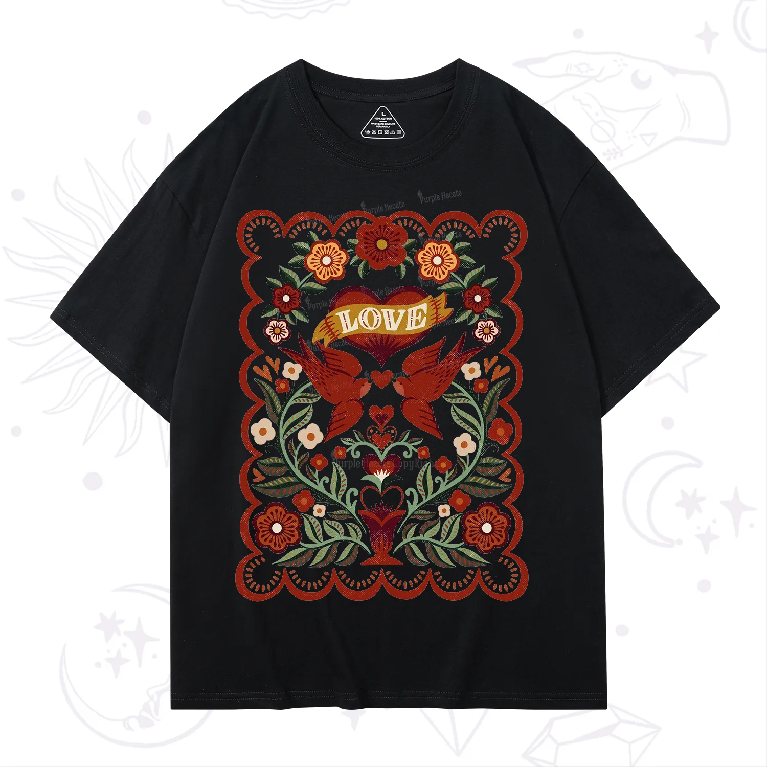 Purplehecate Folk Love Birds Floral T-Shirt