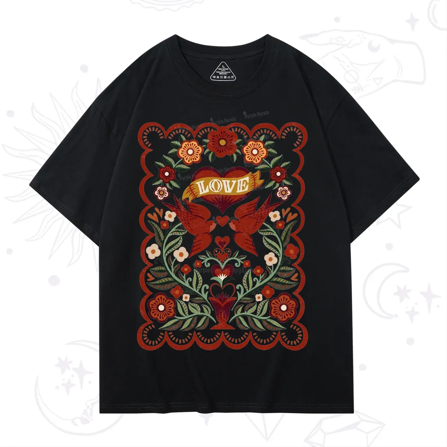 Purplehecate Folk Love Birds Floral T-Shirt