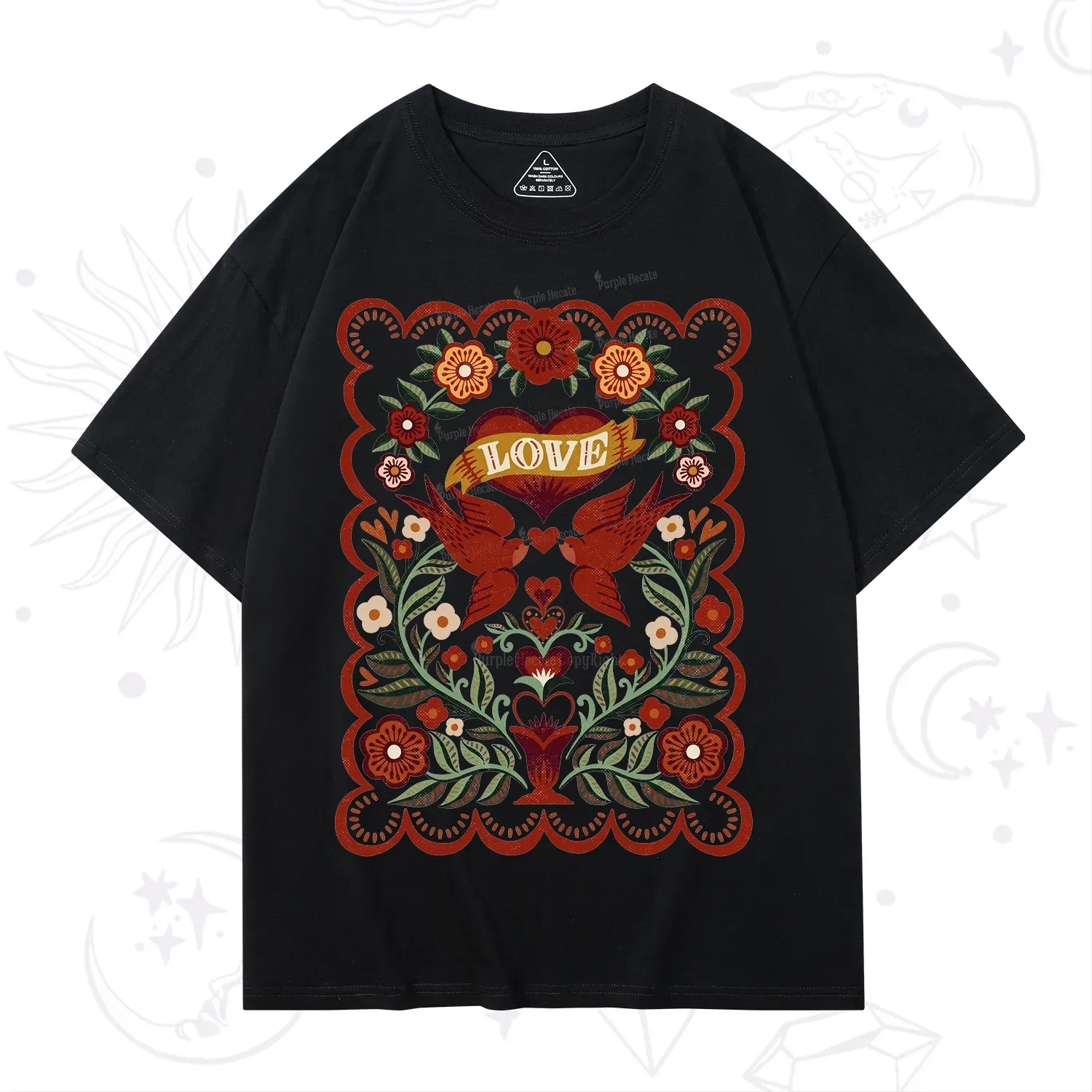 Purplehecate Folk Love Birds Floral T-Shirt
