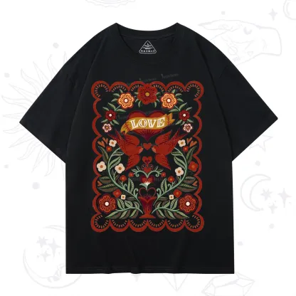 Purplehecate Folk Love Birds Floral T-Shirt