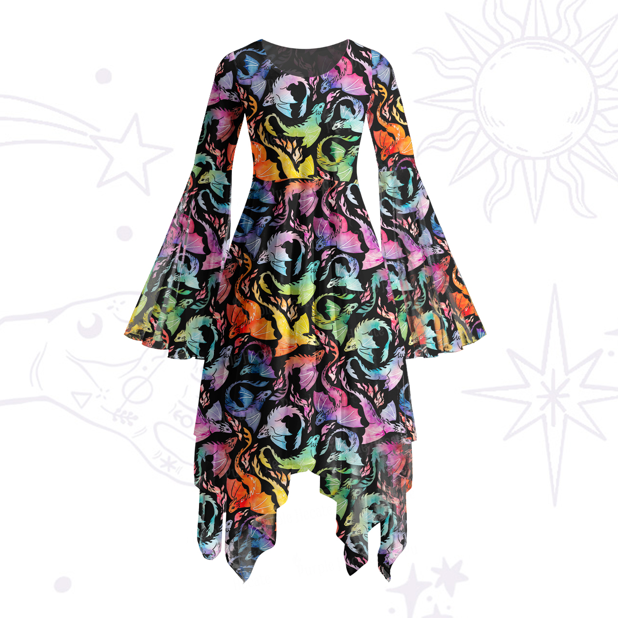 Purplehecate Rainbow Dragon Fire Bell Sleeve Dress