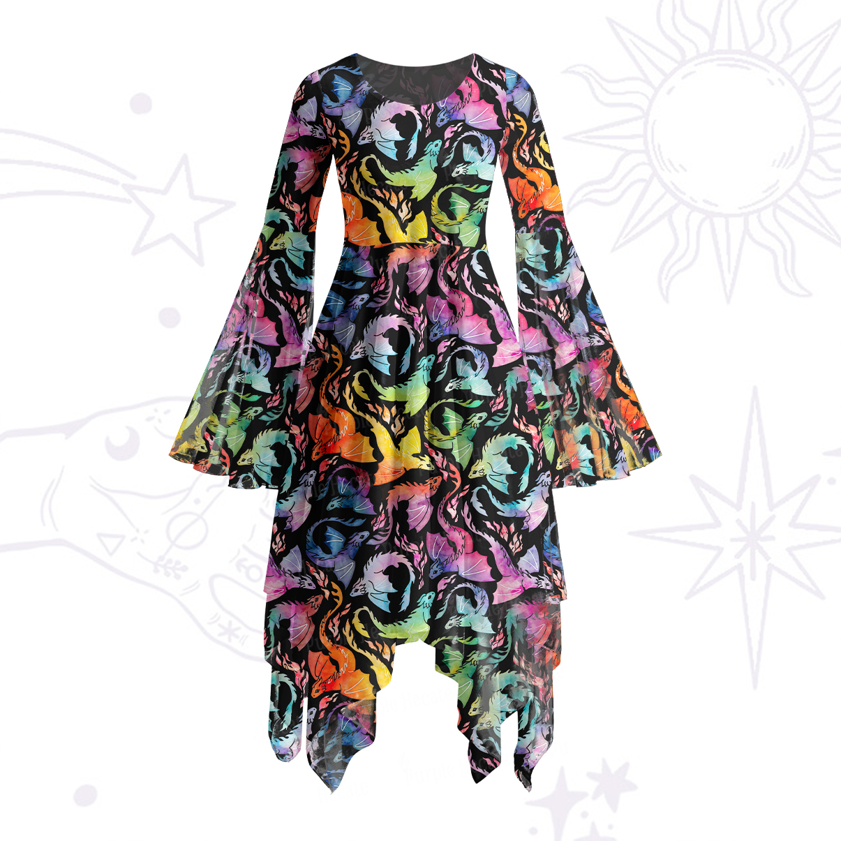 Purplehecate Rainbow Dragon Fire Bell Sleeve Dress