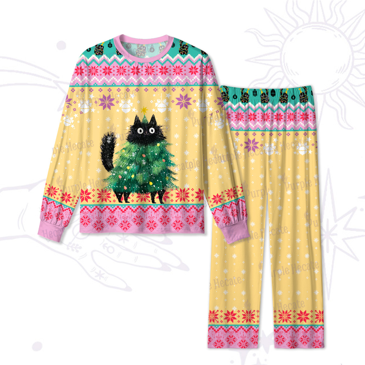 Purplehecate Funny Black Cat in Tree Christmas Pajamas