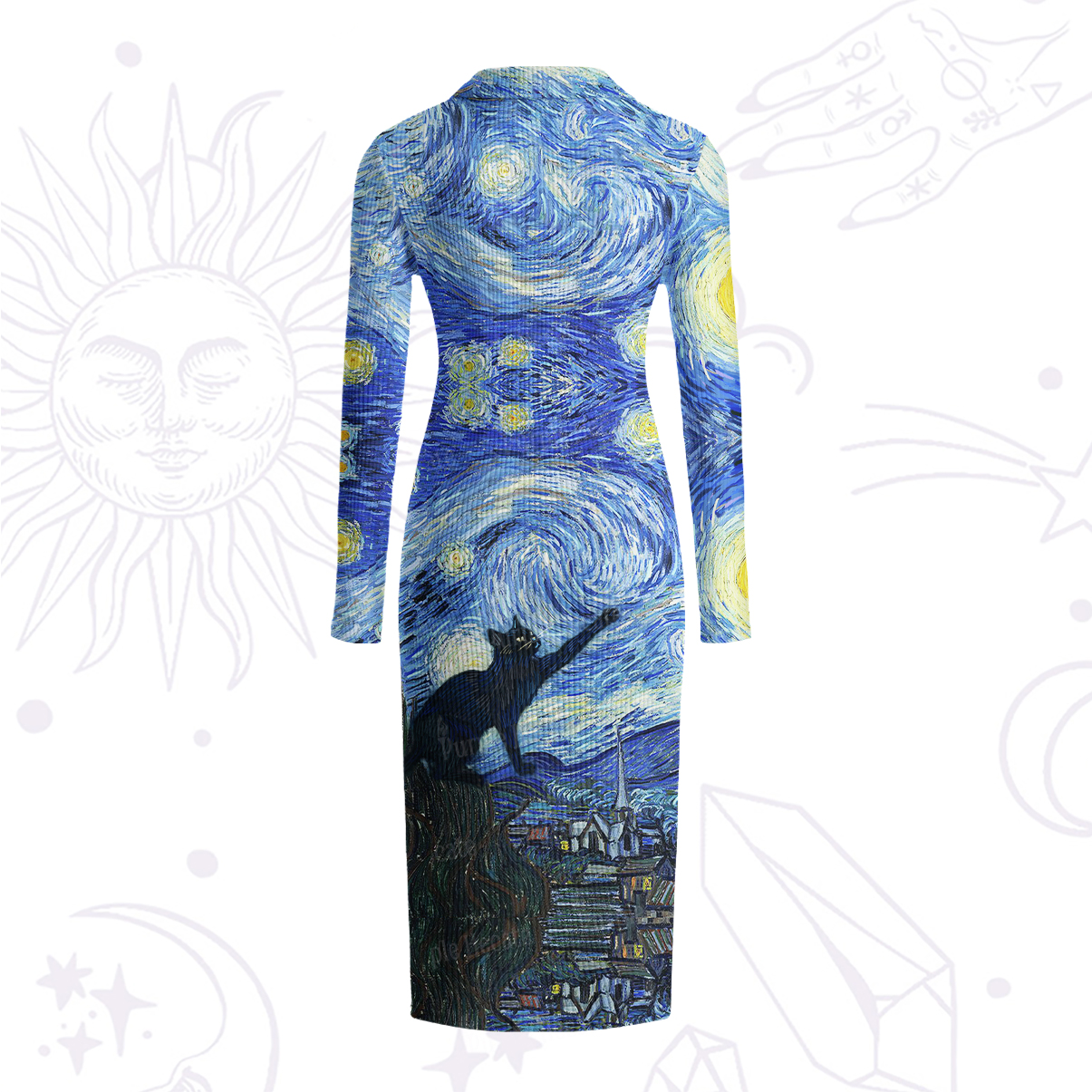 Purplehecate Witch Cat Under the Starry Night Ribbed Knit Dress