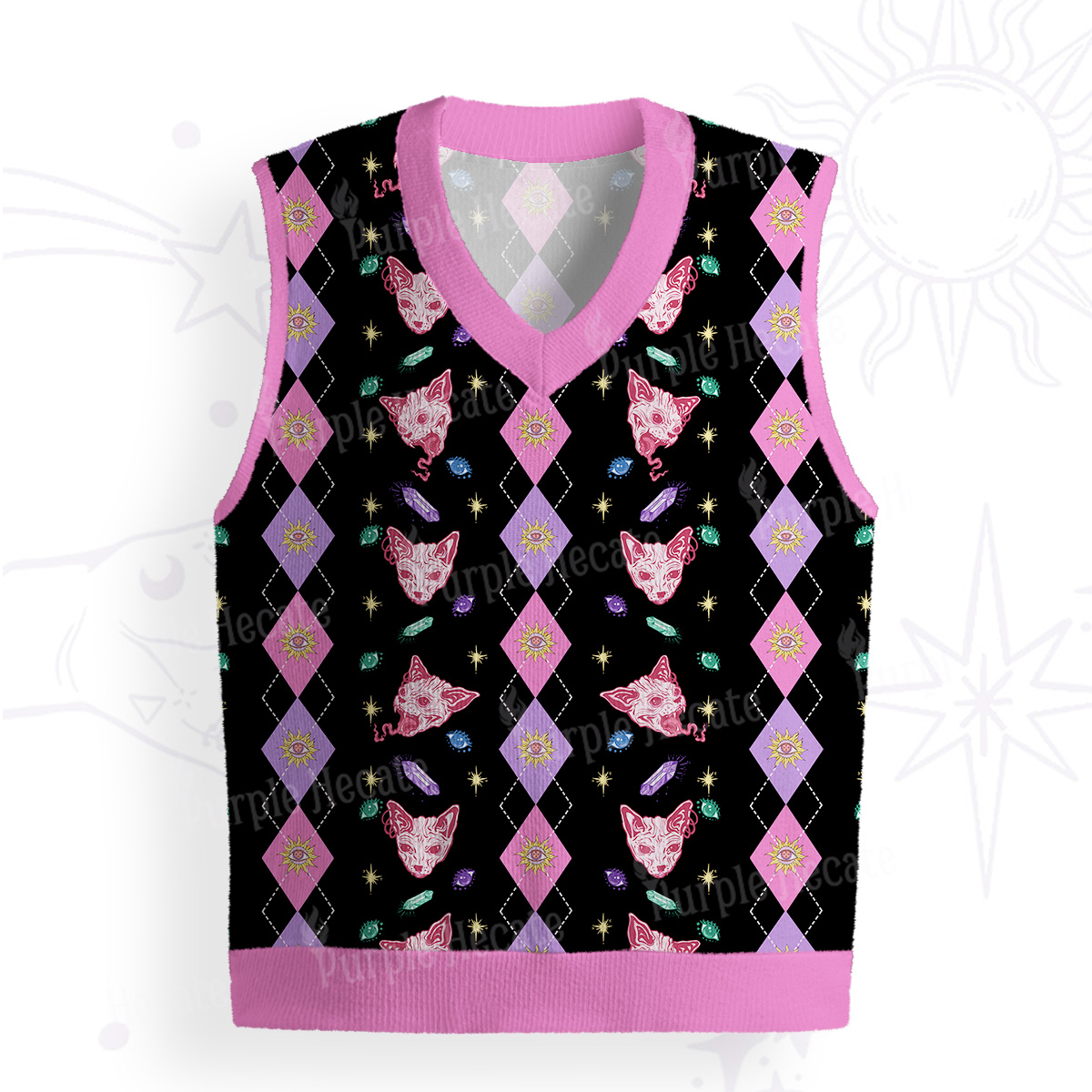 Purplehecate Moon Phase Cat Ugly Sweater Vest