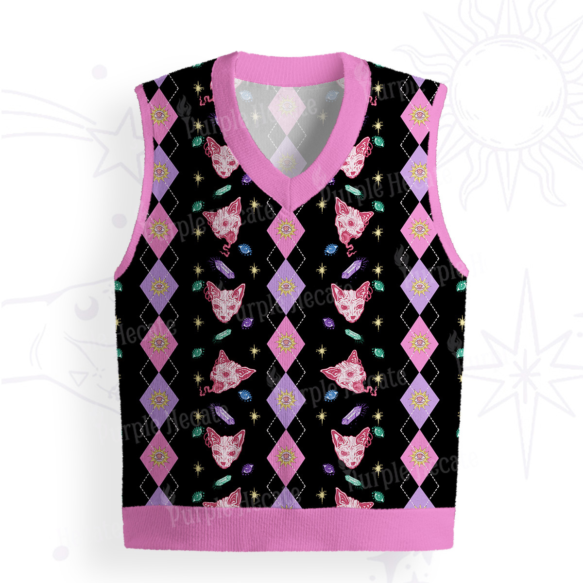 Purplehecate Moon Phase Cat Ugly Sweater Vest