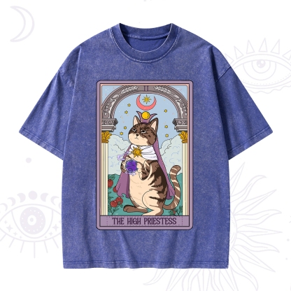 Purplehecate The High Priestess Cat Tarot Washed T-Shirt