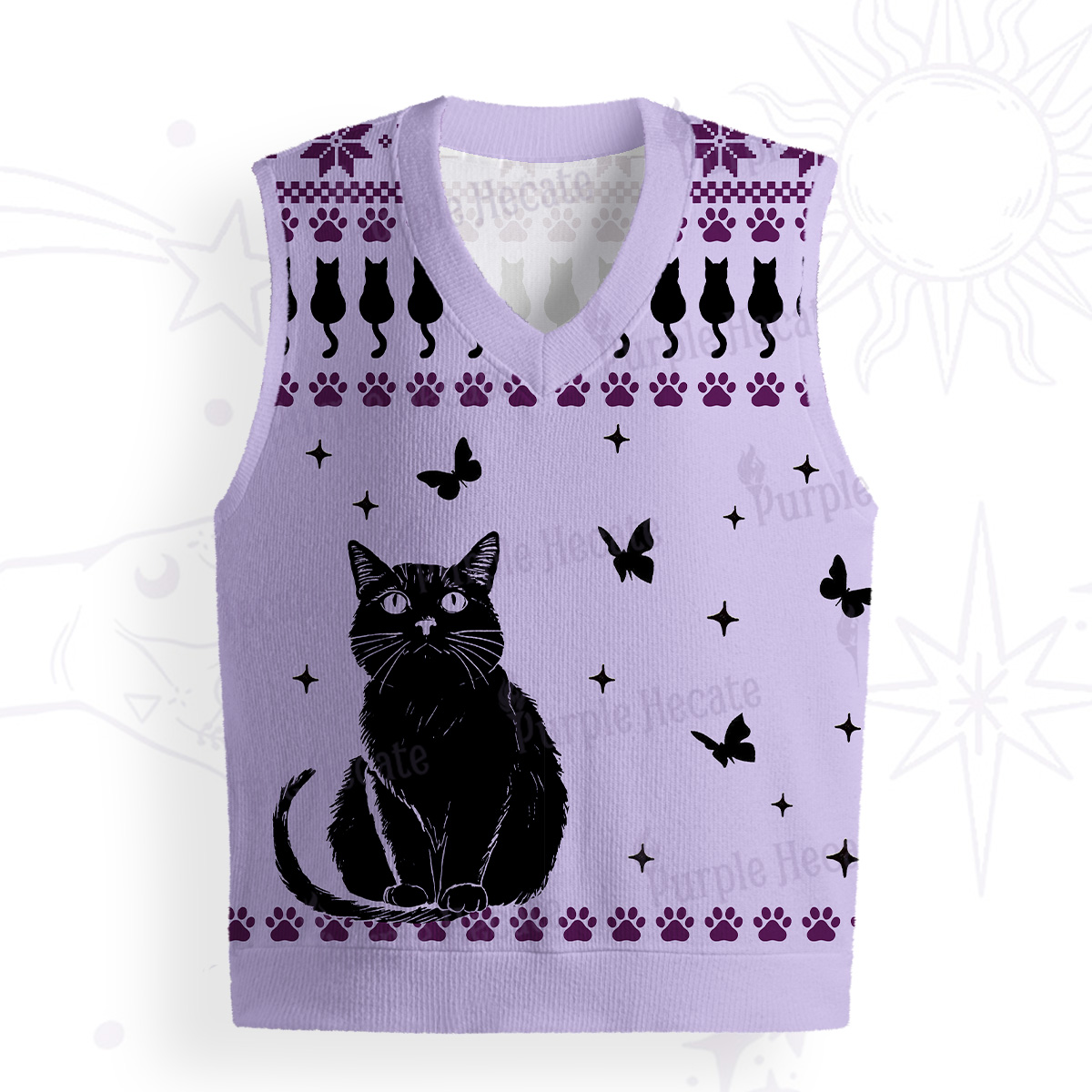 Purplehecate Midnight Pawprints Black Cat Ugly Sweater Vest
