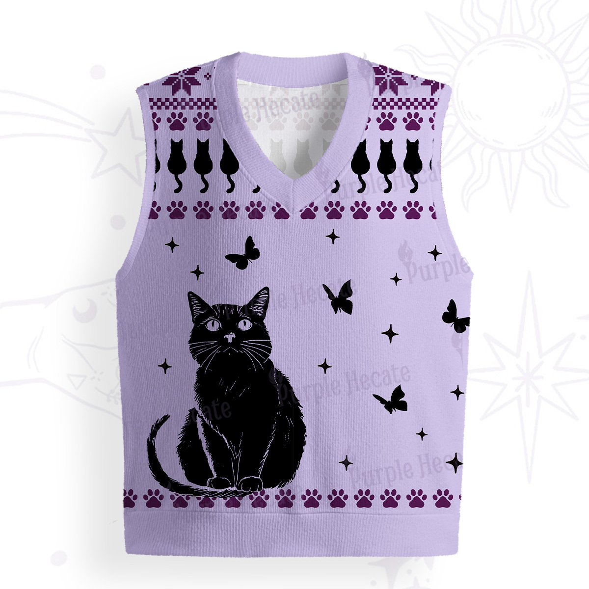 Purplehecate Midnight Pawprints Black Cat Ugly Sweater Vest