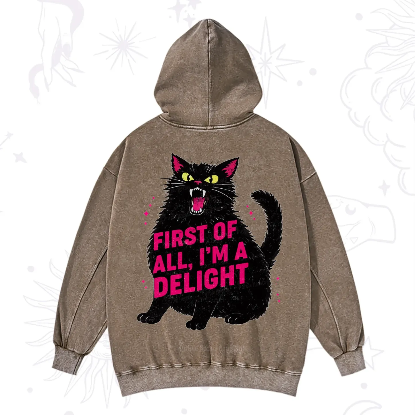 Purplehecate First Of All I'm A Delight Cat Washed Hoodie