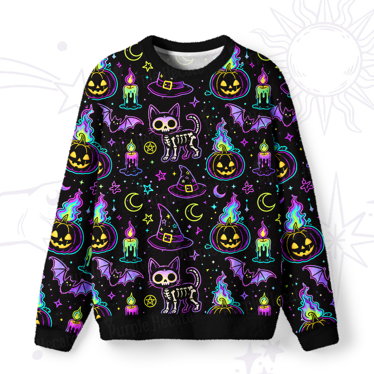 Purplehecate Neon Halloween Skeleton Cat Fuzzy Ugly Sweatshirt