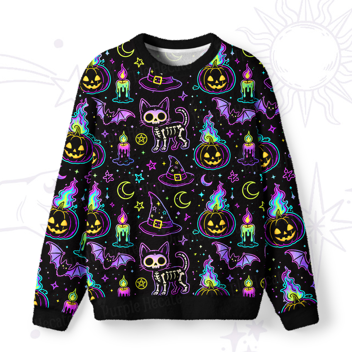 Purplehecate Neon Halloween Skeleton Cat Fuzzy Ugly Sweatshirt