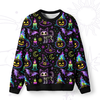 Purplehecate Neon Halloween Skeleton Cat Fuzzy Ugly Sweatshirt