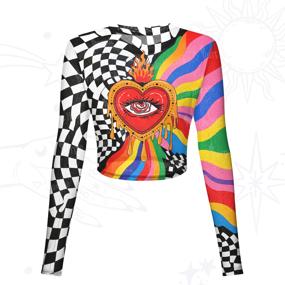 Purplehecate Trippy Rainbow Heart Eye Mesh Long Sleeve Crop Top