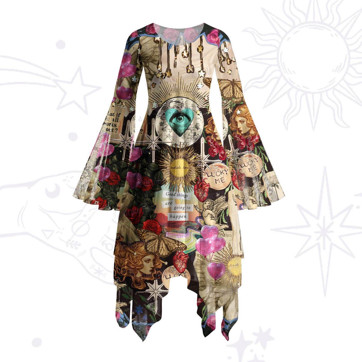 Purplehecate Lucky Me Sacred Heart Eye Bell Sleeve Dress