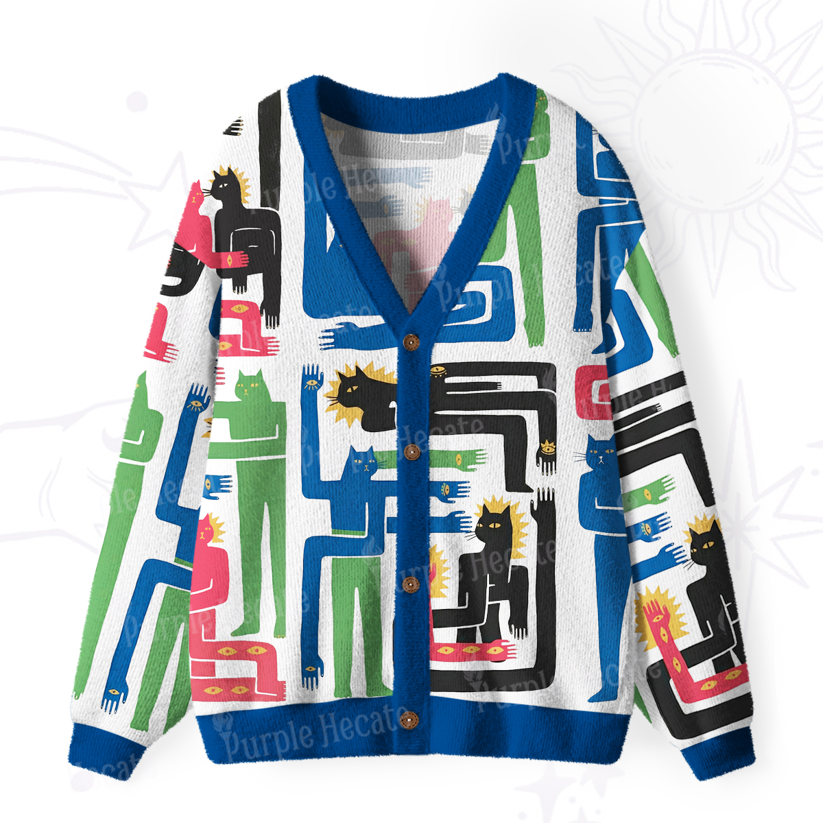 Purplehecate Whimsical Abstract Cat Ugly Cardigan Sweaters