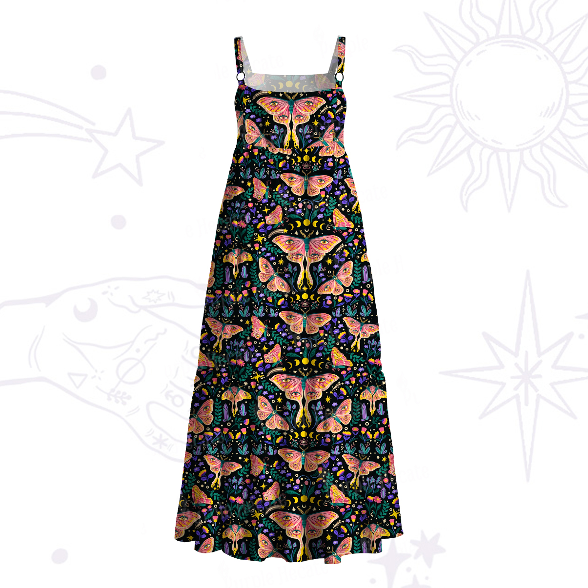 Purplehecate Midnight Butterfly Wide Straps Maxi Dress