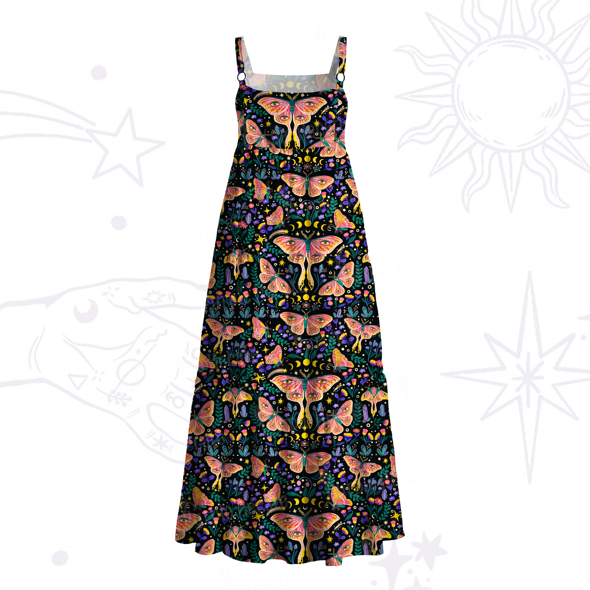 Purplehecate Midnight Butterfly Wide Straps Maxi Dress