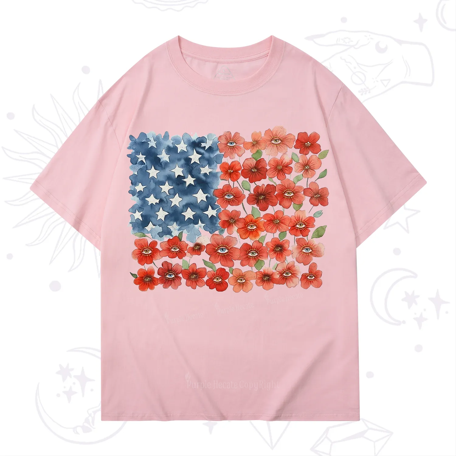Purplehecate Floral Watercolor American Flag T-Shirt