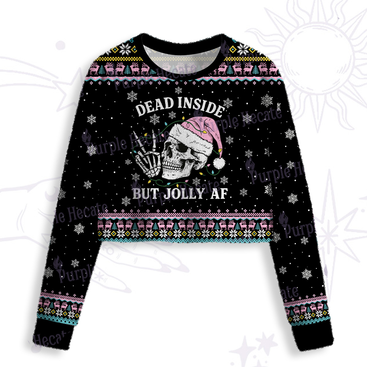 Purplehecate Dead Inside But Jolly AF Christmas Crop Fuzzy Ugly Sweatshirt