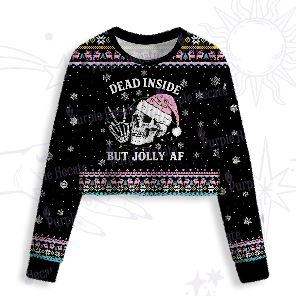 Purplehecate Dead Inside But Jolly AF Christmas Crop Fuzzy Ugly Sweatshirt