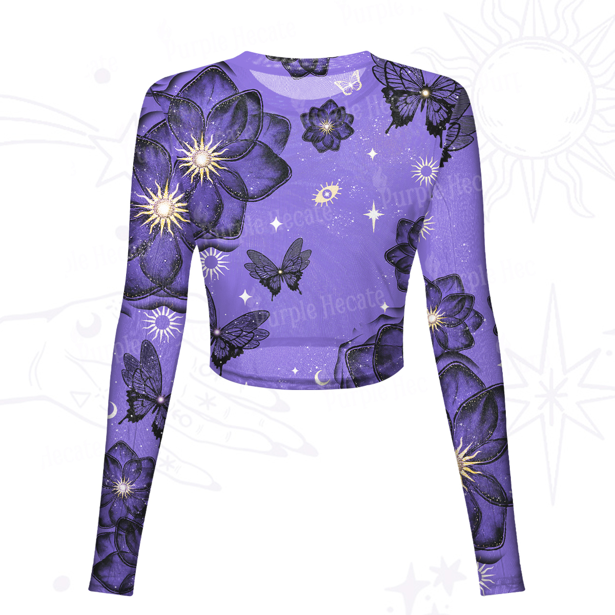 Purplehecate Moonlit Petals and Wings Mesh Long Sleeve Crop Top