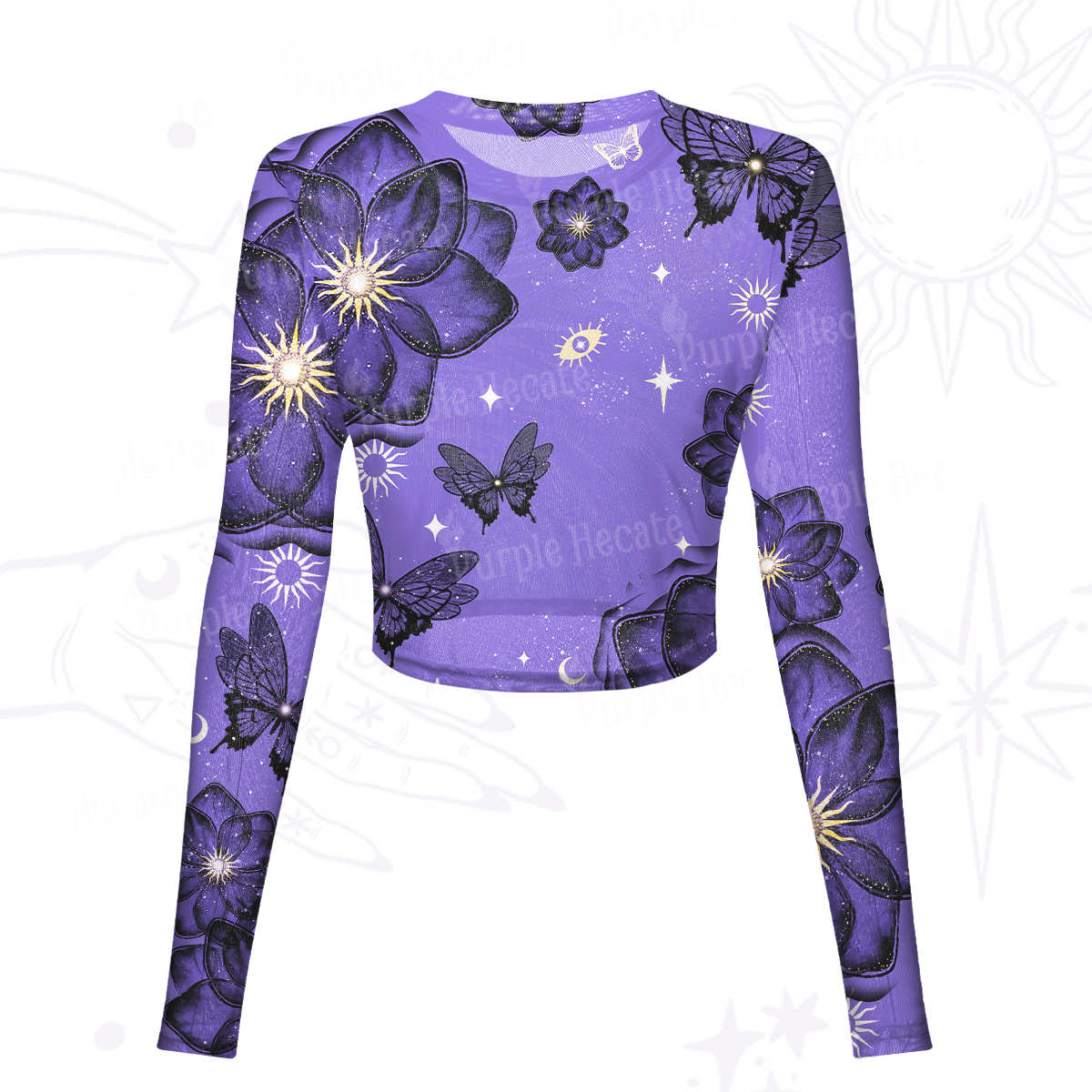 Purplehecate Moonlit Petals and Wings Mesh Long Sleeve Crop Top