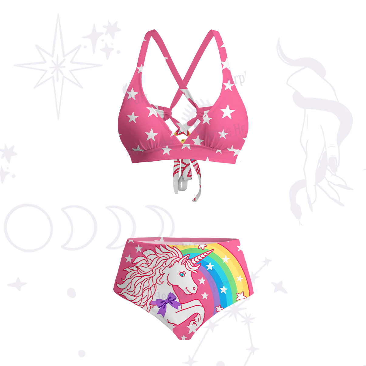 Purplehecate Dreamy Rainbow Unicorn Crisscross Tie-Back Bikini Set