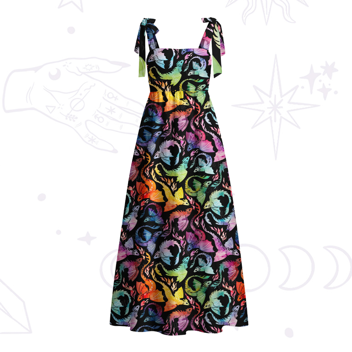 Purplehecate Rainbow Dragon Fire Tie Shoulder Maxi Dress
