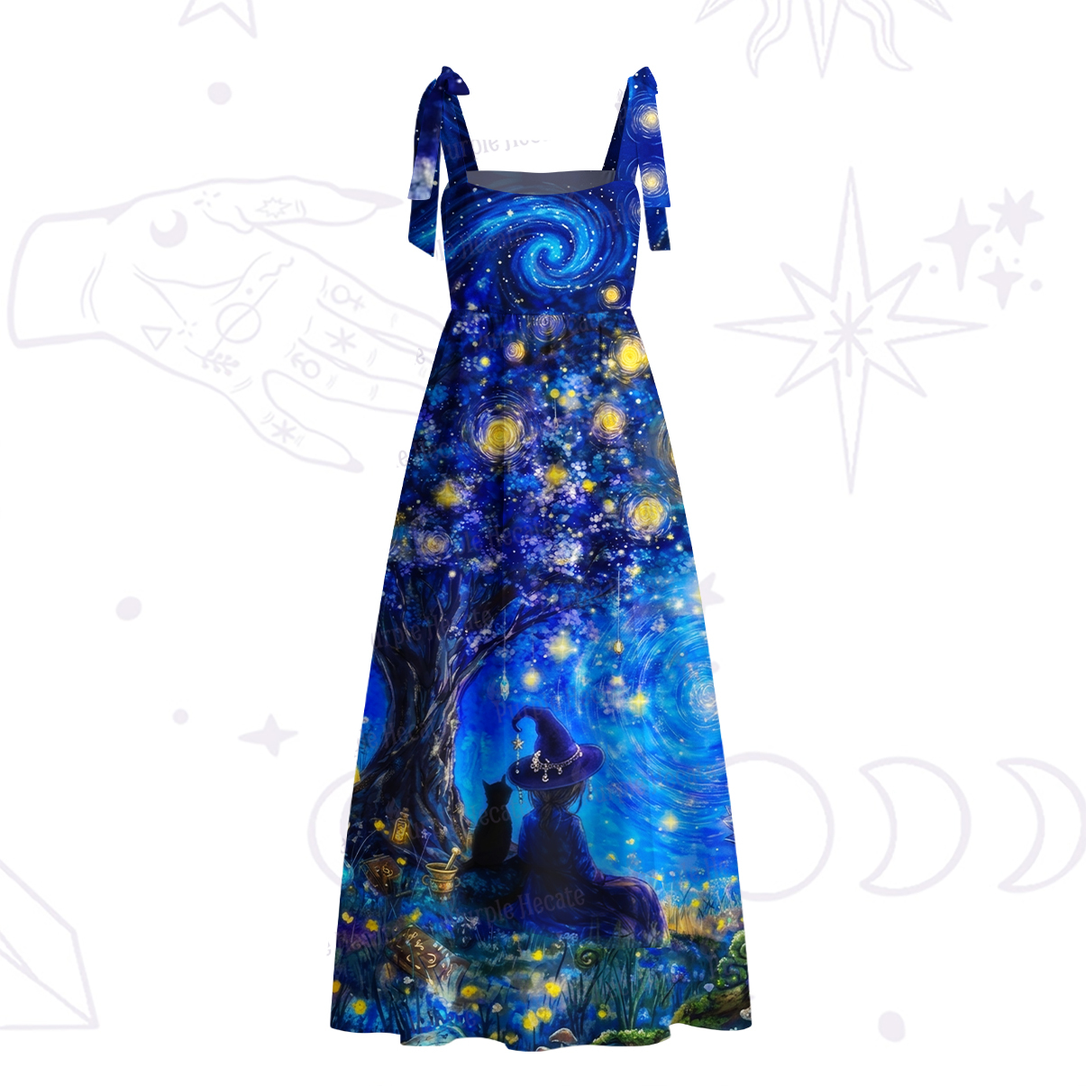 Purplehecate Moonlit Witch & Starry Cat Tie Shoulder Maxi Dress