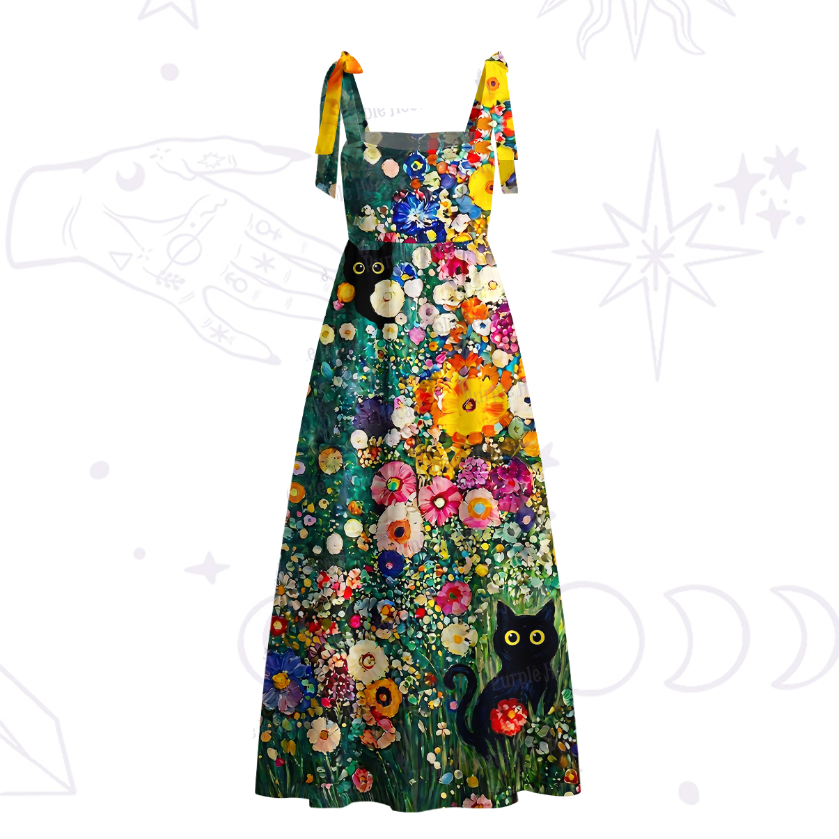 Purplehecate Fluffy Black Cat in Colorful Flower Field Tie Shoulder Maxi Dress