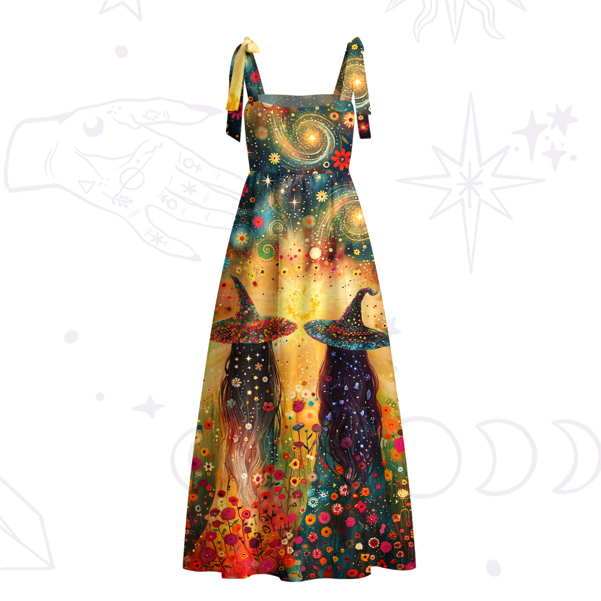 Purplehecate Starlit Flower Field Twin Witches Tie Shoulder Maxi Dress