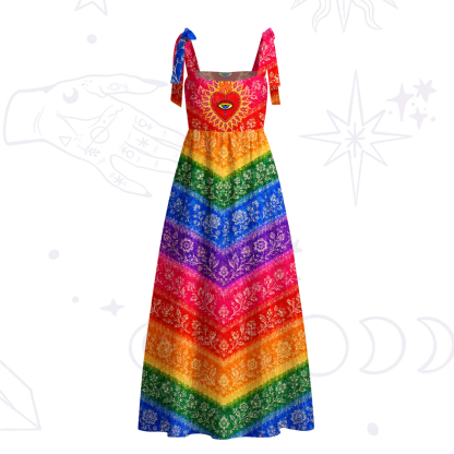 Purplehecate Rainbow Striped Sacred Heart Tie Shoulder Maxi Dress