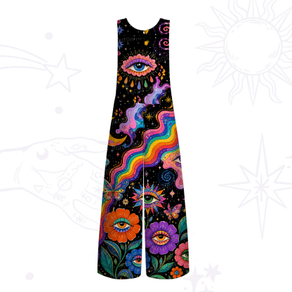 Purplehecate Groovy Hippie Flower Eyes Wide Leg Jumpsuit