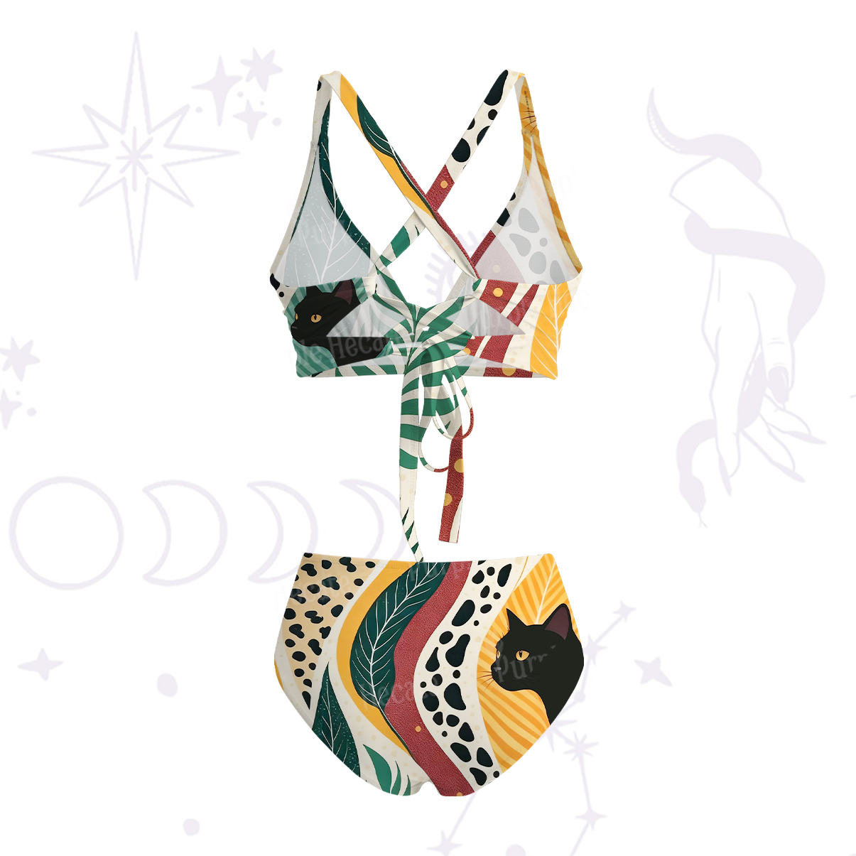Purplehecate Mystic Forest Cat Crisscross Tie-Back Bikini Set