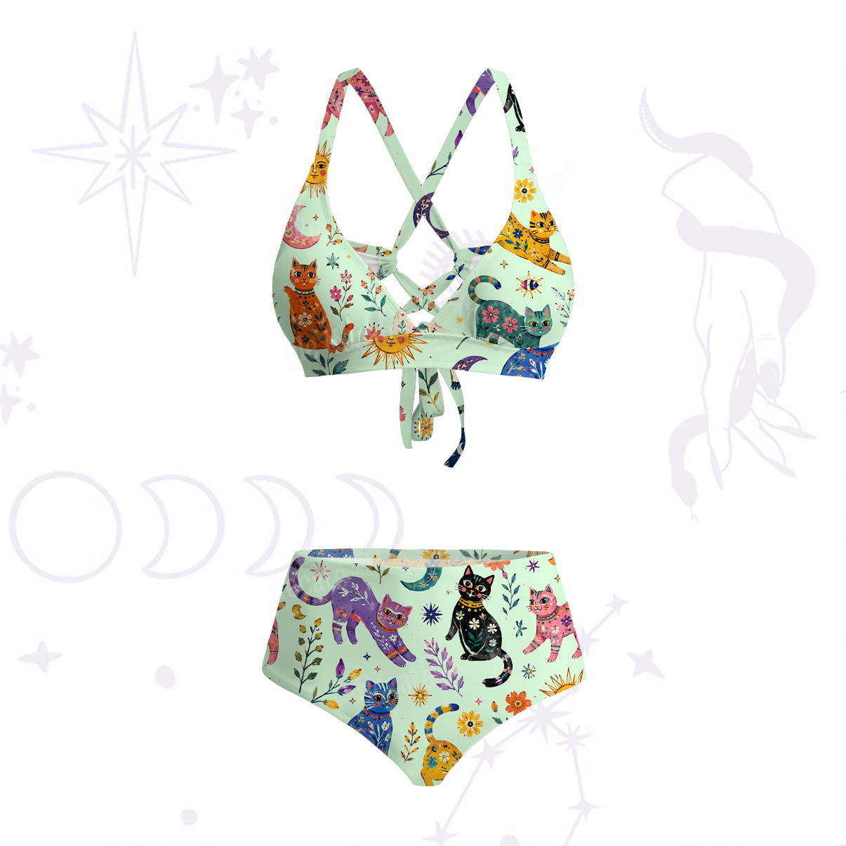 Purplehecate Rainbow Magic Cats Crisscross Tie-Back Bikini Set