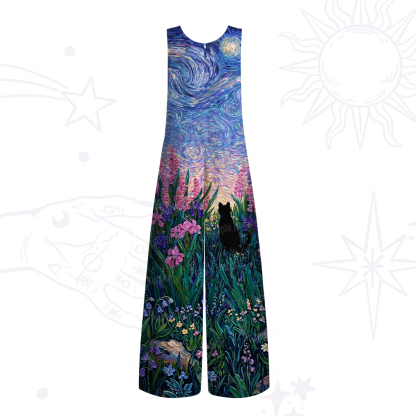 Purplehecate Starry Mystic Night Garden Cat Wide Leg Jumpsuit