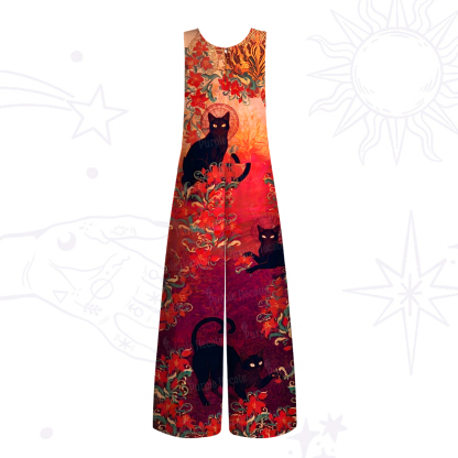 Purplehecate Blazing Jungle Night Cat Wide Leg Jumpsuit
