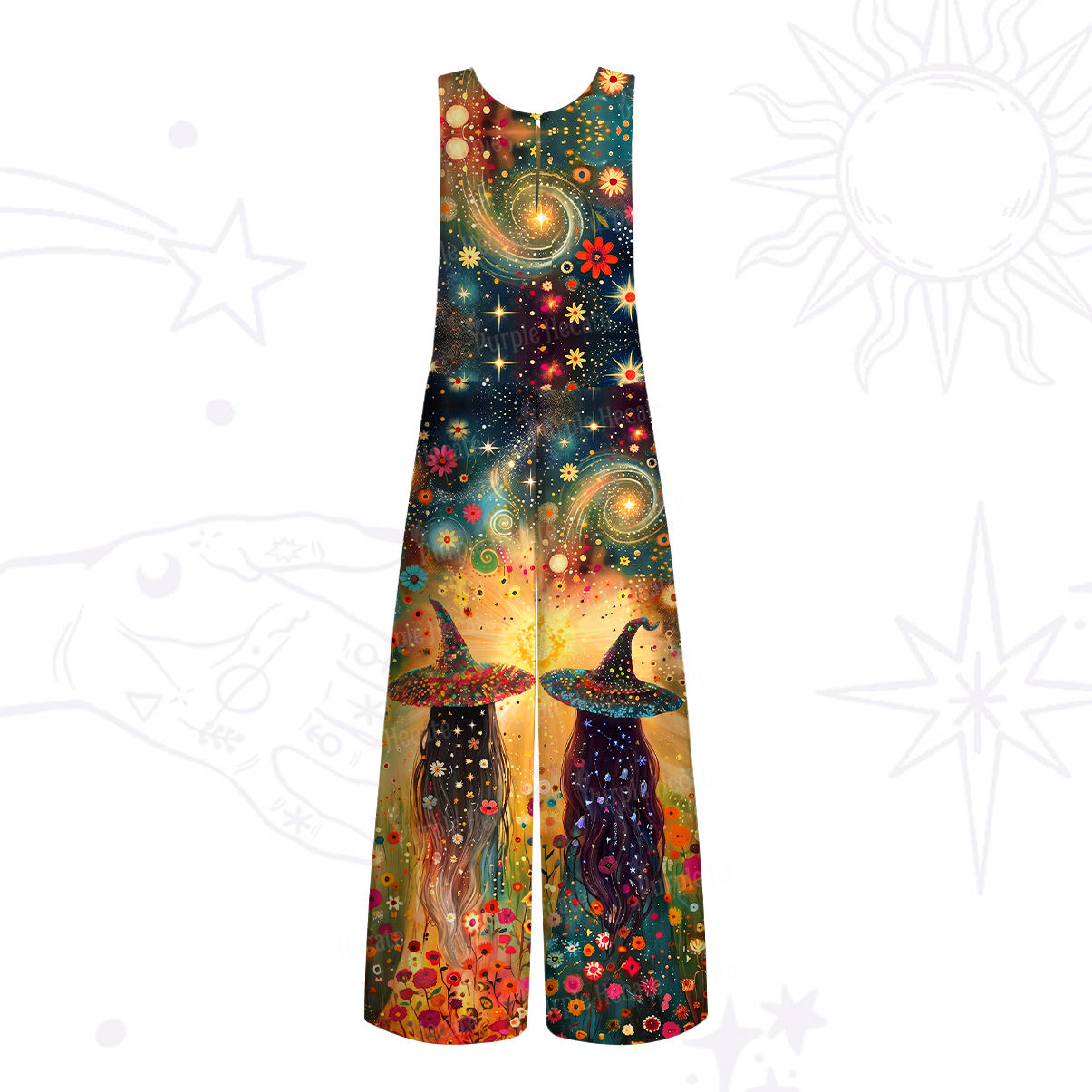 Purplehecate Starlit Flower Field Twin Witches Wide Leg Jumpsuit
