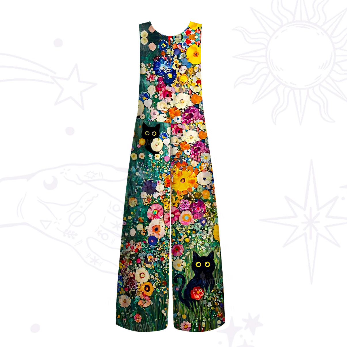Purplehecate Fluffy Black Cat in Colorful Flower Field Wide Leg Jumpsuit