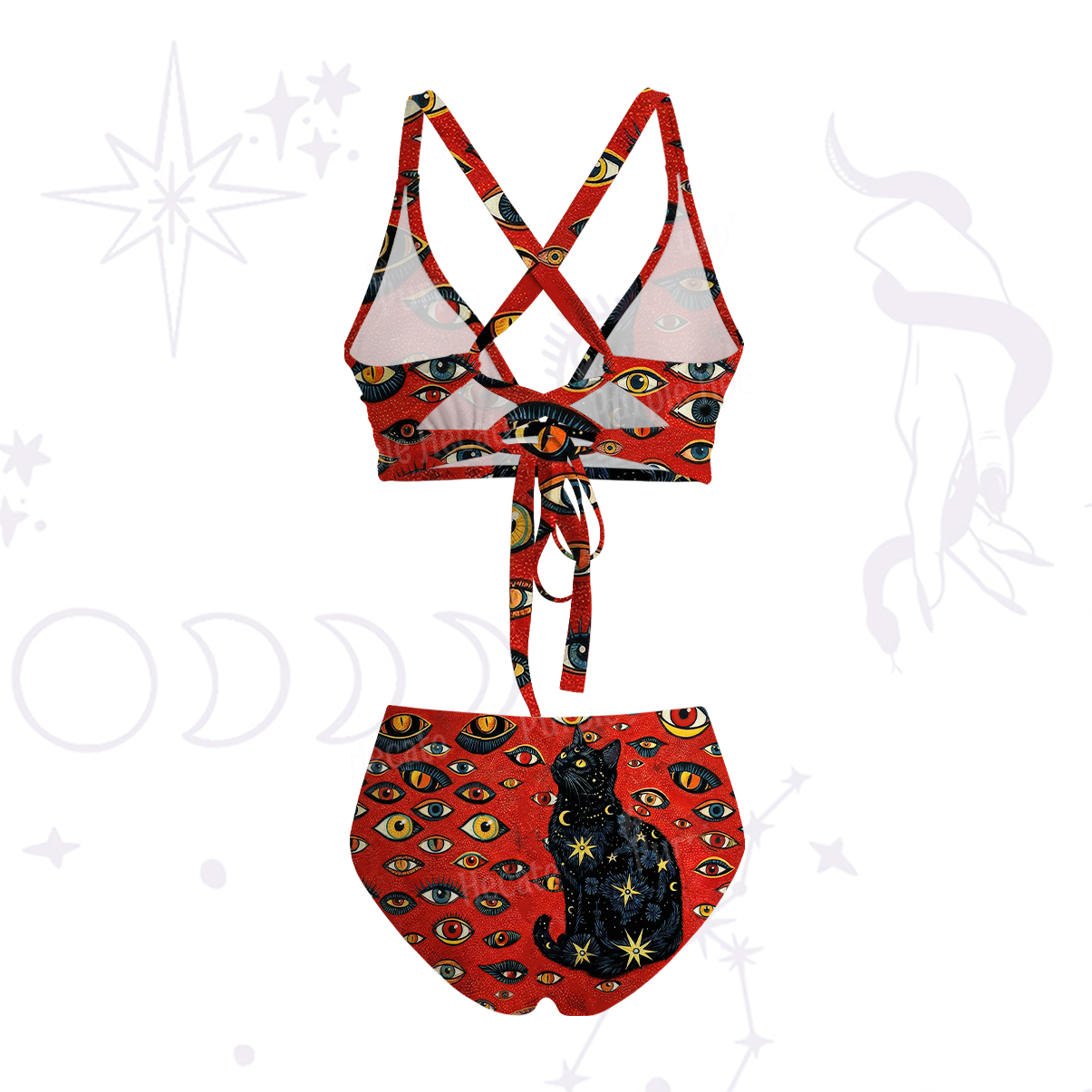 Purplehecate Cosmic Watcher Cat Crisscross Tie-Back Bikini Set